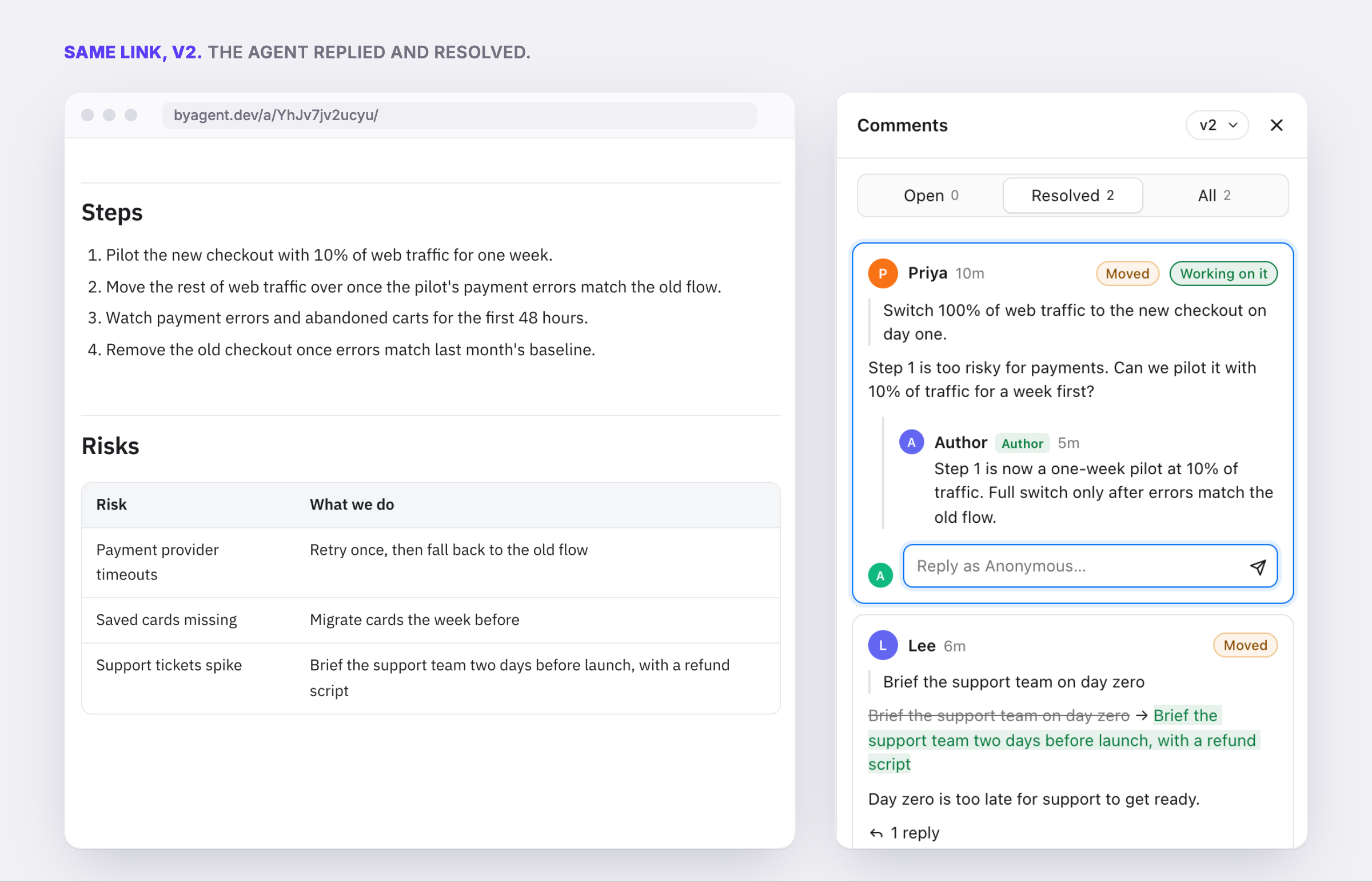 The same link at v2: step 1 is now a one-week pilot at 10% of traffic, and the comment panel shows the agent's reply under the resolved thread